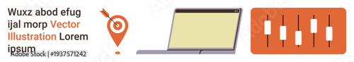 Data analytics, trading platforms, navigation, digital marketing, remote work, technology. Iconic map pin, open laptop and candlestick chart. Data analytics and trading platforms