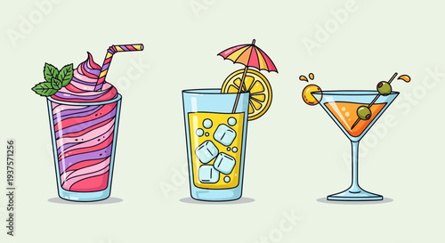 Colorful cocktails with straws and umbrellas.
