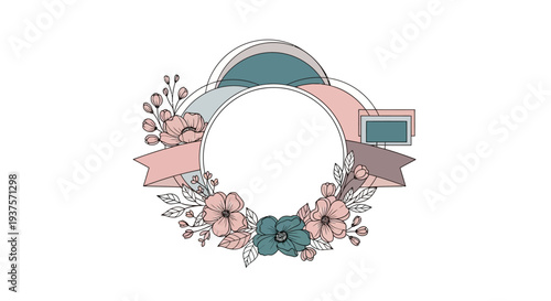 Floral wreath with ribbons and banners in pastel colors.