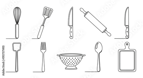 Collection of kitchen utensils and tools in minimalist line art style.