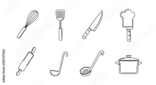 Collection of kitchen utensils and cooking tools outline icons.
