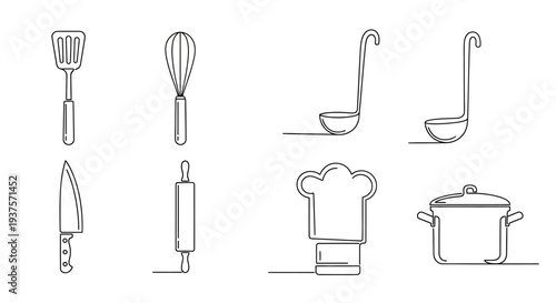 Collection of kitchen utensils and cooking equipment icons.
