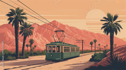 Vintage green tram travels down a palm lined road with majestic mountains and sunset sky