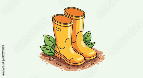 Pair of yellow rubber boots standing on muddy ground with leaves.