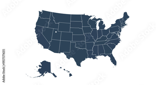 Map of the United States of America with all States highlighted in a dark blue color against a white background, depicting a unified nation's territory