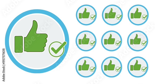 Set of green thumbs up icons with checkmarks indicating approval and agreement, presented in a clean, modern graphic style
