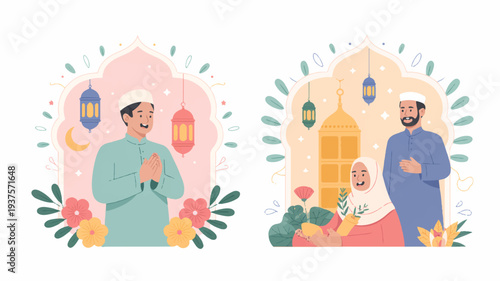 Two muslim men in traditional clothing standing in front of colorful ramadan lanterns and floral decorations