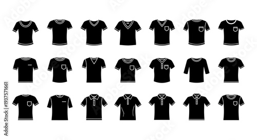 Diverse vector collection of t-shirt icons in black silhouette, presenting various apparel styles, necklines, sleeves, and pocket designs, perfect for fashion and clothing graphic projects