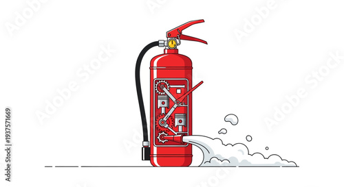 Red fire extinguisher discharging foam on white background.