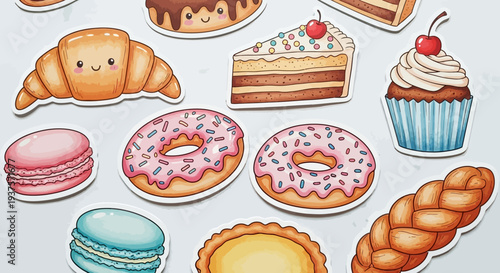 Assorted Cartoon Pastries and Desserts with Colorful Details.