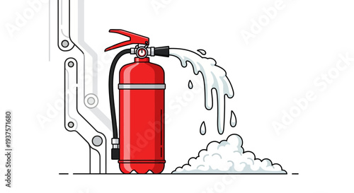 Red fire extinguisher discharging white foam against a white background.