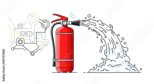 Red fire extinguisher discharging water to put out fire.