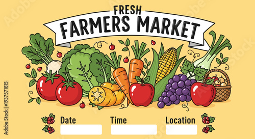 Fresh Farmers Market Poster with Fresh Produce and Vegetables.