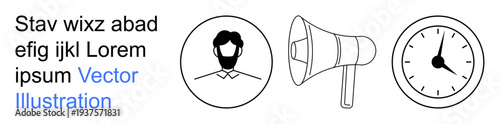Communication, time management, identity verification, alert system, user interface, productivity. User avatar, megaphone, and clock symbols displayed in minimal black and white line art