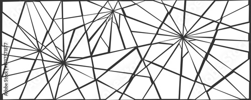 Damaged shattered glass effect background. Black and white grunge broken texture. Multiple cracked lines explosion pattern. Fractured triangle fragments, pieces, shatters, debris wallpaper. Vector