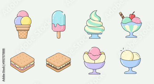 Assorted Ice Cream Cones and Desserts in Various Flavors and Styles.