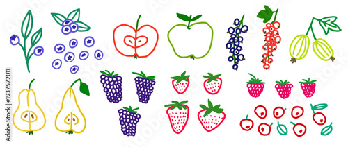 Colored hand drawn fruits and berries set. Crayon doodle apple, strawberry, pear, blueberry. Vector chalk pastel childish drawing. Brush stroke outline sketch collection for icon, menu, sticker, label
