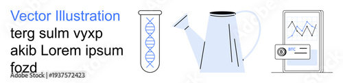 Biotechnology, agriculture, digital analysis, genetic research, environmental science, growth. Illustration showing DNA in a test tube, watering can and analytics tablet. Genetic research