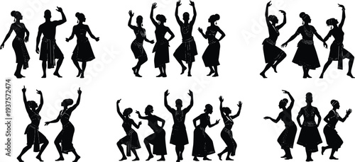 Group of dancing women silhouettes isolated on white background traditional and modern dance poses collection celebration party and cultural performance illustration