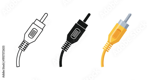 Collection of three vector graphic illustrations depicting an rca connector in outline solid black and color styles