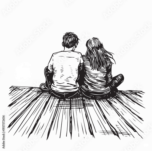 Silhouette of Couple Sitting on Wooden Pier Vector On White Background