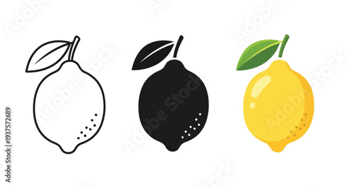 Collection of lemon fruit graphic designs featuring outline solid silhouette and full color vector illustration styles