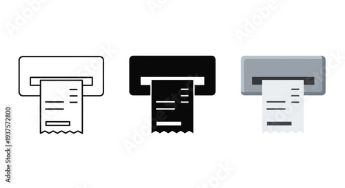Vector graphic set illustrating receipt printing from various styles of dispensing machines or terminals for financial transactions