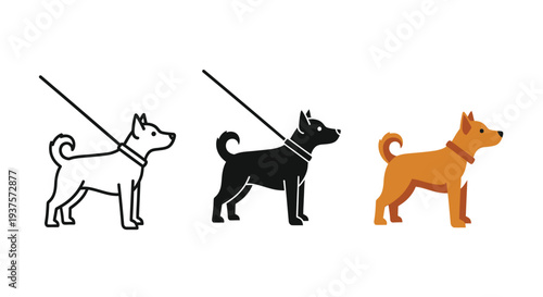 Set of three stylized vector illustrations depicting a dog standing attentively while being held on a leash for walks