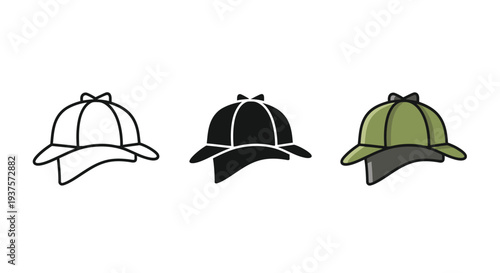 Collection of detective deerstalker hat vector graphic illustrations in outline solid and color styles