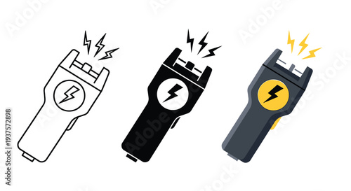 Modern graphic vector illustration set showcasing taser and stun gun designs with electrical discharge in different styles.