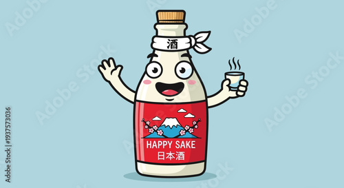 Happy Sake Bottle Character with Fuji