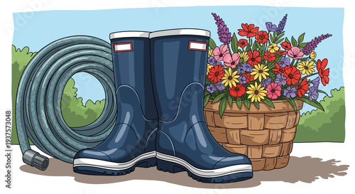 Gardening Essentials with Rubber Boots and Water Hose.