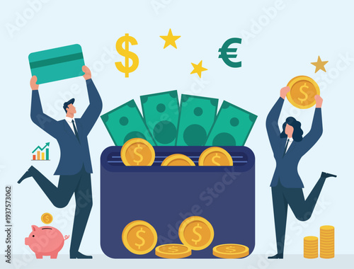Financial Success and Wealth Accumulation Celebration, Business profit growth, Financial freedom achievement, Salary bonus reward, Smart investment returns, Corporate earnings celebration
