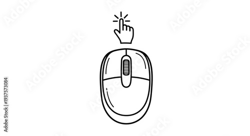 Hand Cursor Clicking on a Computer Mouse in Outline Style on Isolated White Background