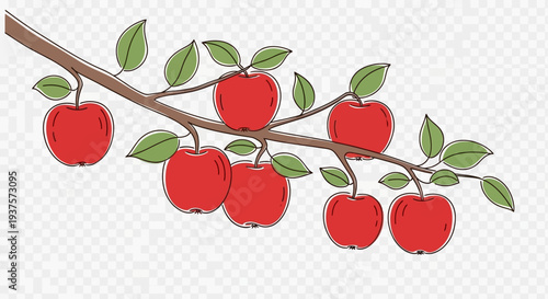 Red apples hanging from a branch with green leaves.