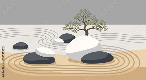 Zen Garden Stones and Raked Sand