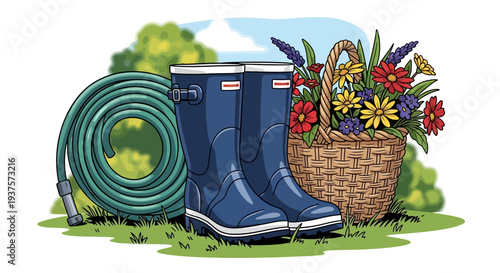 Gardening Essentials with Boots and Flowers.