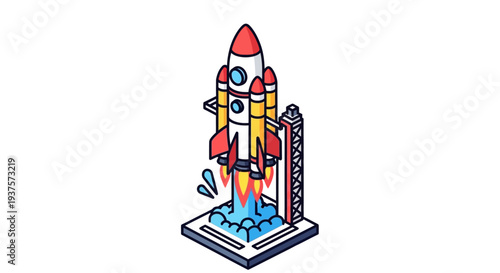 Colorful cartoon rocket launching from a platform with flames.