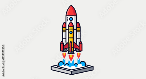 Colorful cartoon rocket ship launching from a platform.