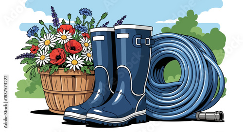Gardening Essentials with Rubber Boots and Water Hose.