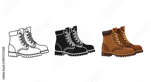 Vector graphic illustration featuring a set of three variations of classic work boots, including outline, silhouette, and full color designs.