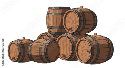 A prominent pile of several wooden barrels, vertically and horizontally, are stacked together on a white background.