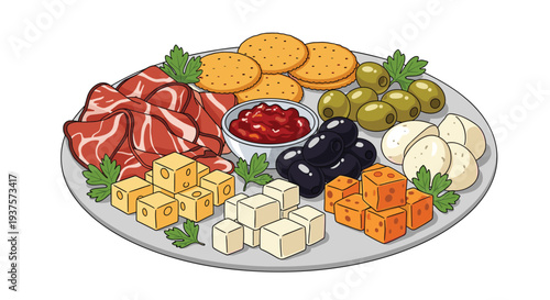 A large round grey platter filled with cubed cheeses, sliced meats, green and black olives, crackers, mozzarella, red dip.