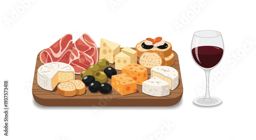A rustic wooden board holds cheeses, sliced meats, green and black olives, bread, and a glass of red wine.