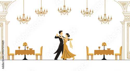 An elegant couple in formal attire gracefully dances a ballroom waltz in a luxurious hall with golden chandeliers and tables.