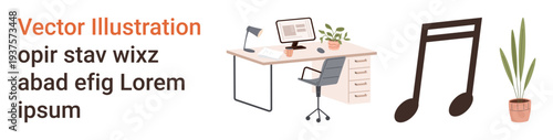 Productivity, music, workspace setup, creativity, office decor, remote work. Desk with computer, chair potted plant and music note. Productivity and music concept for modern workspaces
