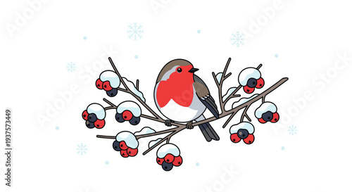 A charming cartoon robin with a red breast perches on a snow-dusted branch adorned with red and blue berries, snowflakes falling.