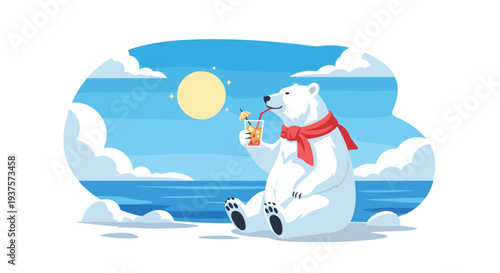 A cartoon polar bear wearing a red scarf sits on an icy shore, enjoying a tropical cocktail with a straw under a bright sun and blue sky.