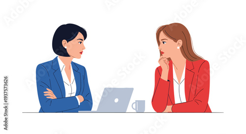Two businesswomen are seated at a white table, facing each other, with one in a blue suit and the other in a red suit, alongside a laptop and a mug.
