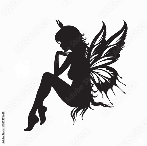 Lonely Fairy with Wings Sitting Silhouette Vector On White Background